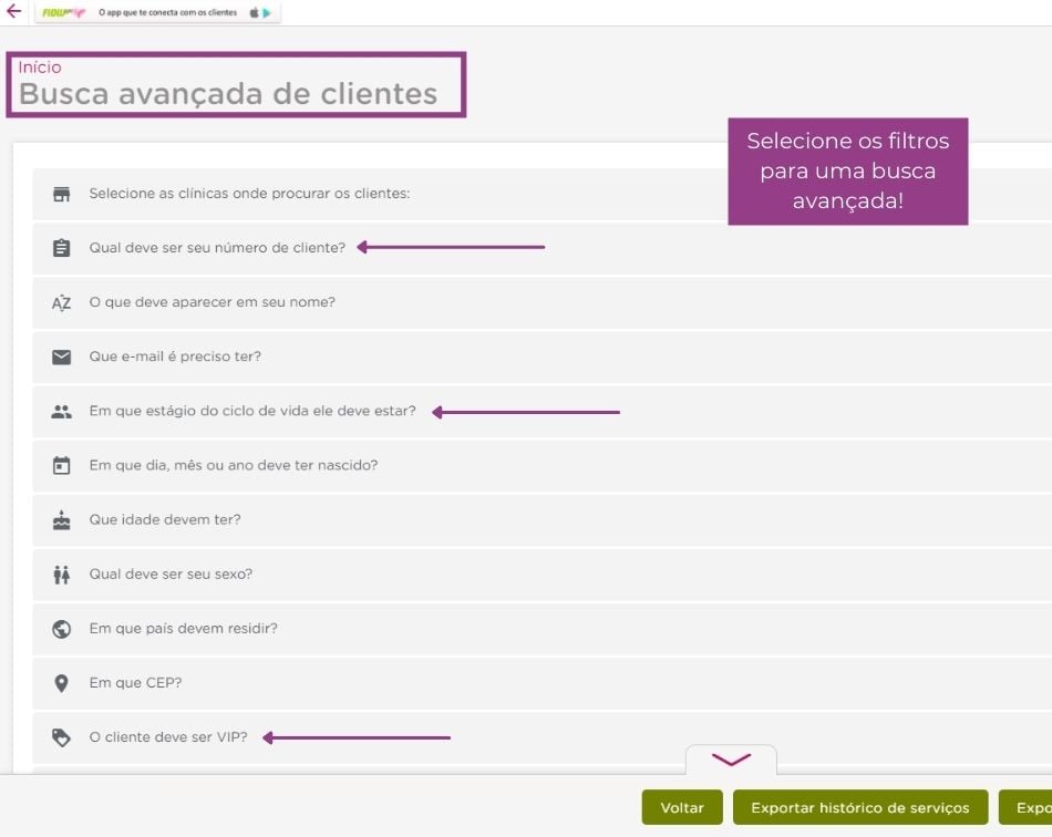 selecione os filtros para uma busca avançada